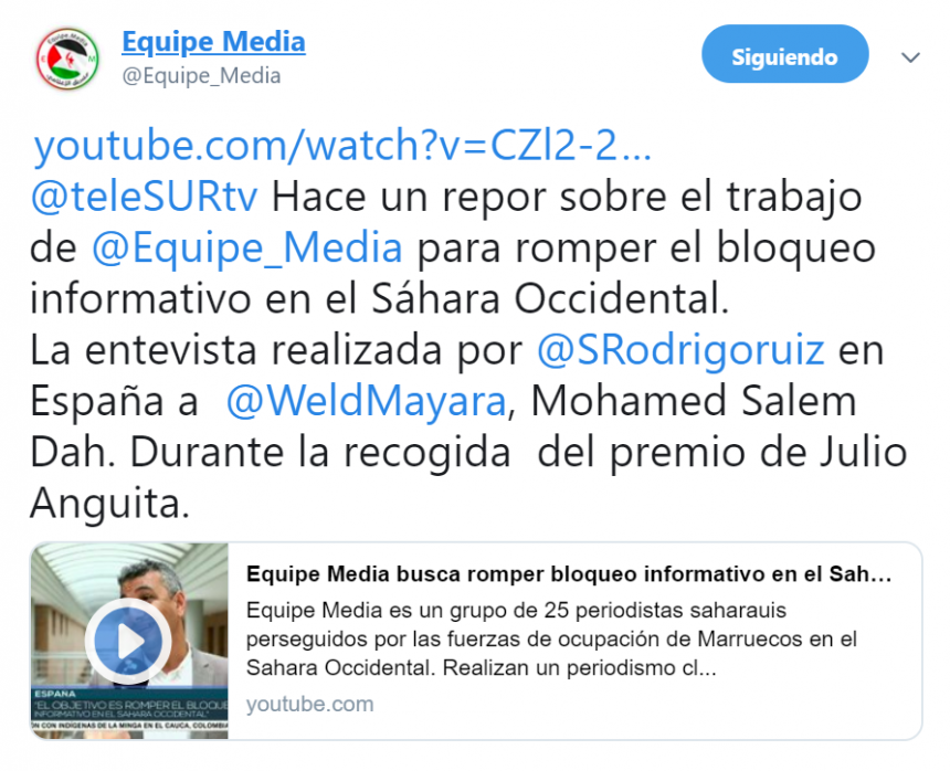 @teleSURtv Hace un repor sobre el trabajo de @Equipe_Media para romper el bloqueo informativo en el Sáhara Occidental @teleSURtv Hace un repor sobre el trabajo de @Equipe_Media para romper el bloqueo informativo en el Sáhara Occidental