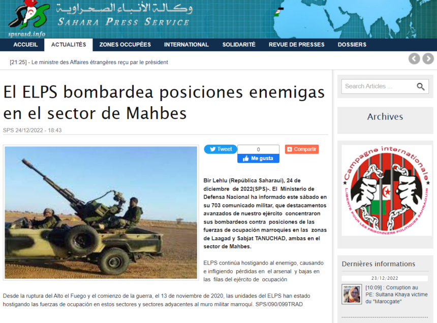 El ELPS bombardea posiciones enemigas en el sector de Mahbes | Sahara Press Service