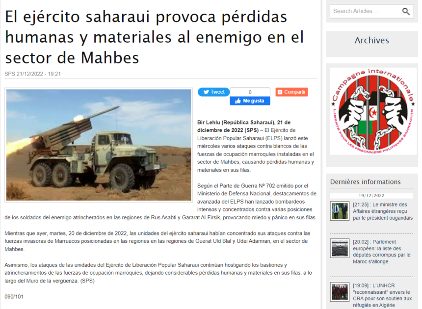 El ejército saharaui provoca pérdidas humanas y materiales al enemigo en el sector de Mahbes | Sahara Press Service