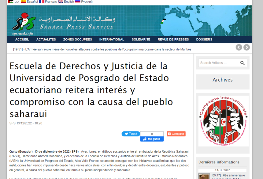 Escuela de Derechos y Justicia de la Universidad de Posgrado del Estado ecuatoriano reitera interés y compromiso con la causa del pueblo saharaui | Sahara Press Service