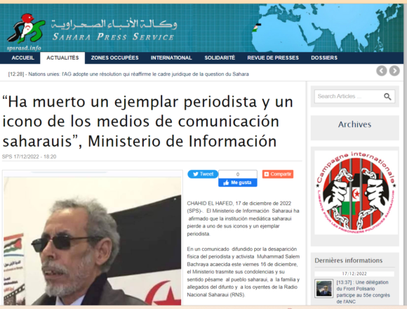 “Ha muerto un ejemplar periodista y un icono de los medios de comunicación saharauis”, Ministerio saharaui de Información | Sahara Press Service