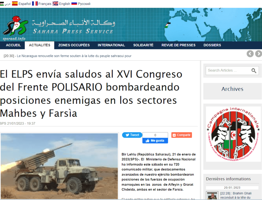 El ejército saharaui (ELPS) bombardea  posiciones de las fuerzas de ocupación marroquíes en las  zonas  de Alfeyín y Grarat Chdeida, ambas en el sector de Farsía.