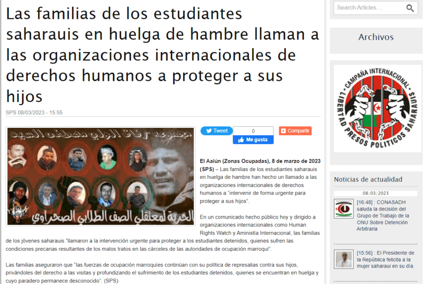 Las familias de los estudiantes saharauis en huelga de hambre llaman a las organizaciones internacionales de derechos humanos a proteger a sus hijos | Sahara Press Service