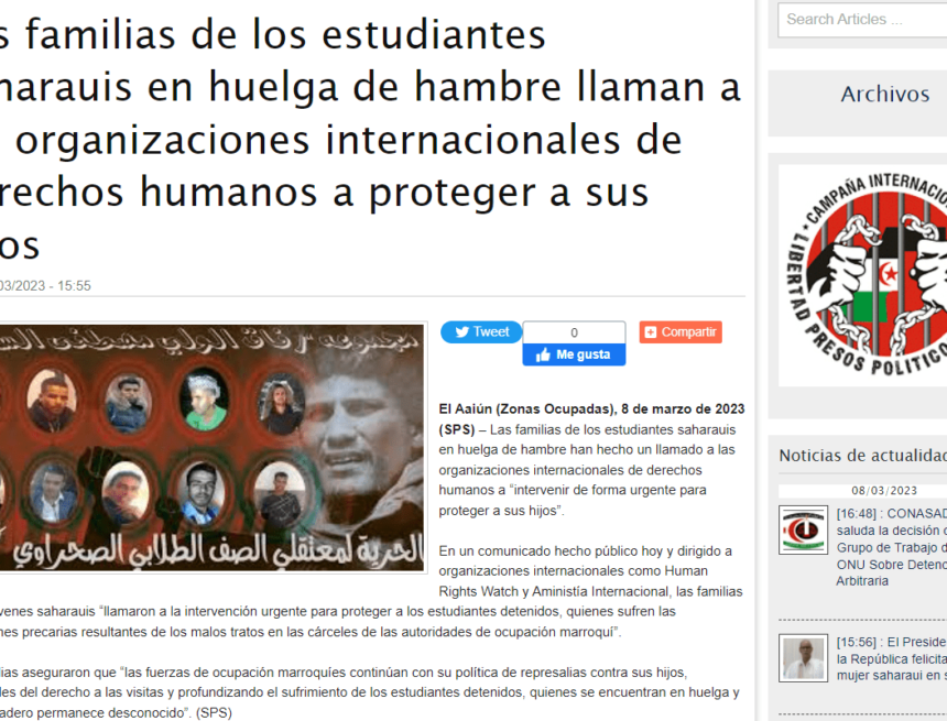 Las familias de los estudiantes saharauis en huelga de hambre llaman a las organizaciones internacionales de derechos humanos a proteger a sus hijos | Sahara Press Service