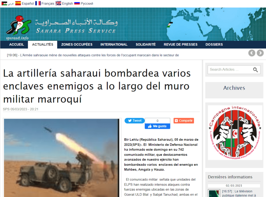 La artillería saharaui bombardea varios enclaves enemigos a lo largo del muro militar marroquí | Sahara Press Service