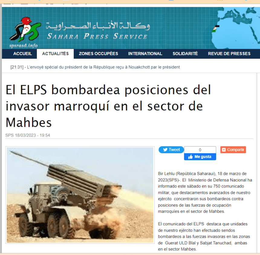 El ELPS bombardea posiciones del invasor marroquí en el sector de Mahbes | Sahara Press Service
