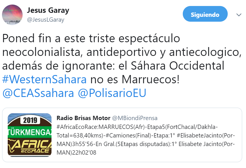Tuits #SaharaOccidental 2019: @JesusLGaray – #AfricaEcoRace (6 de enero)