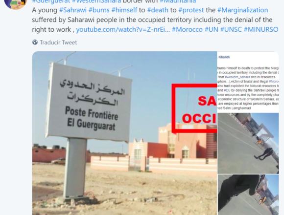 Le jeune Sahraoui Ahmed Salem Ould Ahmed Ould Lemgheimadh s’est immolé par le feu, samedi, à El Guerguerat,  sud ouest du Sahara occidental, pour protester contre les mauvais traitements perpétrés à son encontre par les officiers marocains.| Sahara Press Service