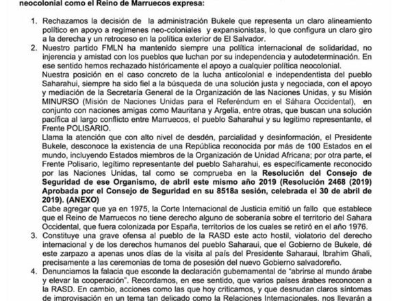 EL SALVADOR: El FMLN rechaza ruptura de relaciones diplomáticas con la República Árabe Saharaui Democrática