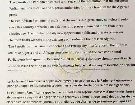 Fv8SFmIWAAkmlXe El Parlamento de la Unión Africana (UA) condena y rechaza la resolución del Parlamento Europeo relativa a la libertad de prensa en Argelia