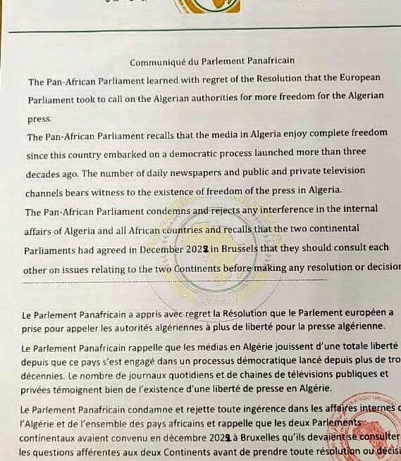 El Parlamento de la Unión Africana (UA) condena y rechaza la resolución del Parlamento Europeo relativa a la libertad de prensa en Argelia