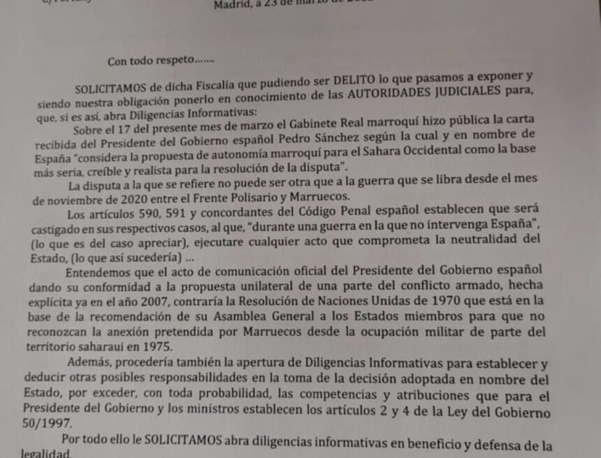 La Liga española de DDHH solicita de la Fiscalía General del Estado abrir diligencias informativas acerca de la intervención no neutral del Presidente del Gobierno en la guerra del Sahara Occidental y Marruecos en la que no interviene España…