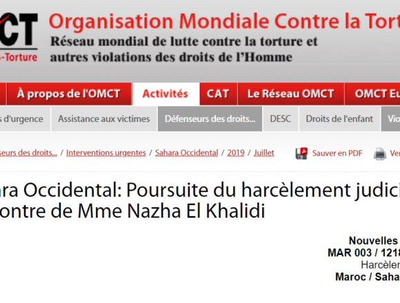 Sahara Occidental: Poursuite du harcèlement judiciaire à l’encontre de Mme Nazha El Khalidi / 5 juillet 2019 / Interventions urgentes / Défenseurs des droits… / OMCT