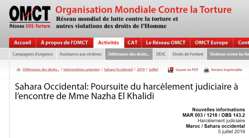 Sahara Occidental: Poursuite du harcèlement judiciaire à l’encontre de Mme Nazha El Khalidi / 5 juillet 2019 / Interventions urgentes / Défenseurs des droits… / OMCT