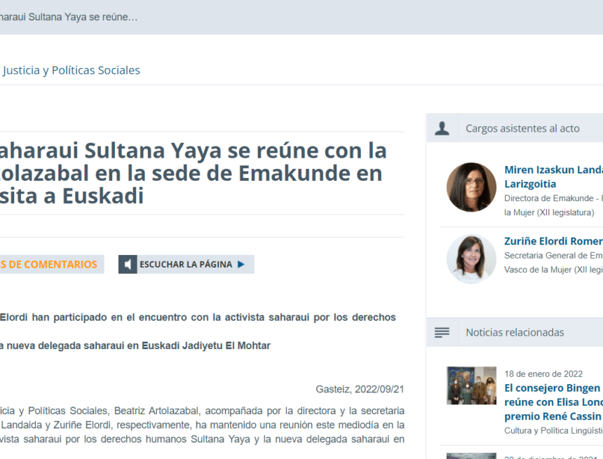 Irekia Eusko Jaurlaritza – Gobierno Vasco :: La activista saharaui Sultana Yaya se reúne con la consejera Artolazabal en la sede de Emakunde en su primera visita a Euskadi