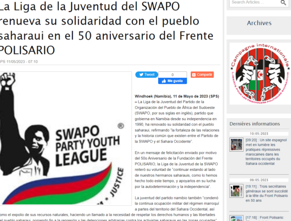 asdfgtyujk La Liga de la Juventud del SWAPO renueva su solidaridad con el pueblo saharaui en el 50 aniversario del Frente POLISARIO | Sahara Press Service