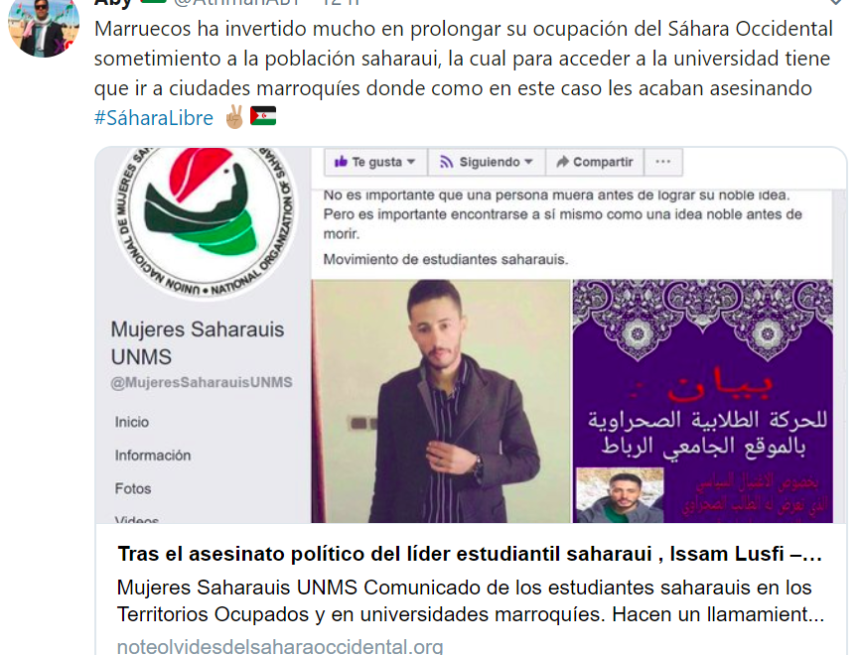 awsederf Tuits #SaharaOccidental 2019: @AthmanABY – Muerte del líder estudiantil saharaui Issam Lusfi (8 de enero)
