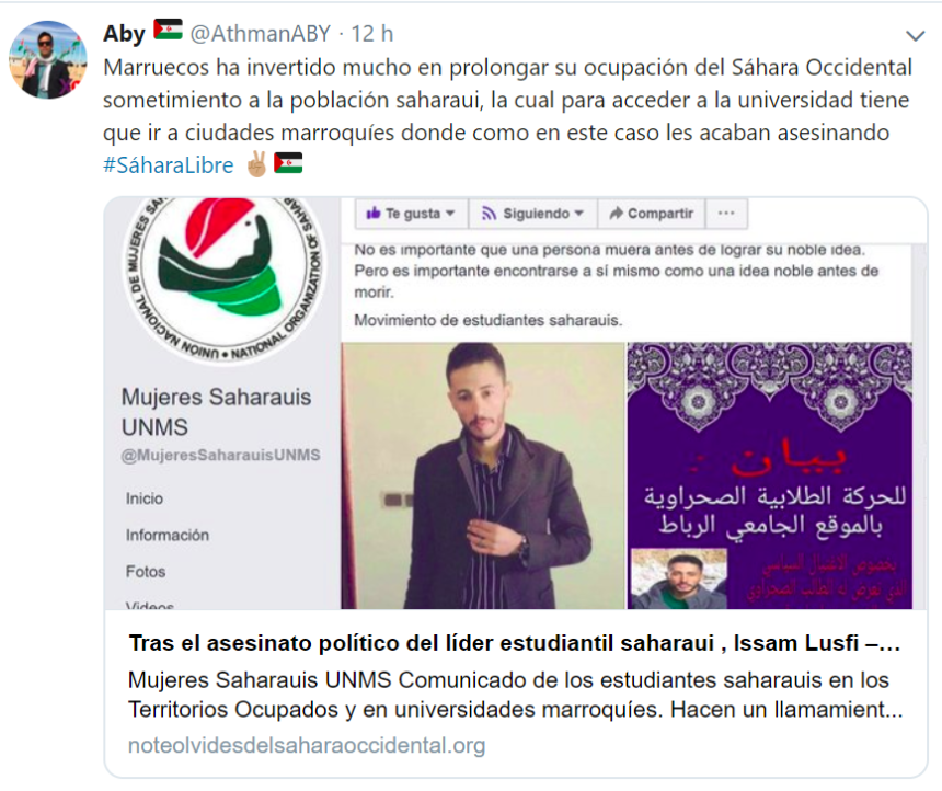 Tuits #SaharaOccidental 2019: @AthmanABY  – Muerte del líder estudiantil saharaui Issam Lusfi (8 de enero)