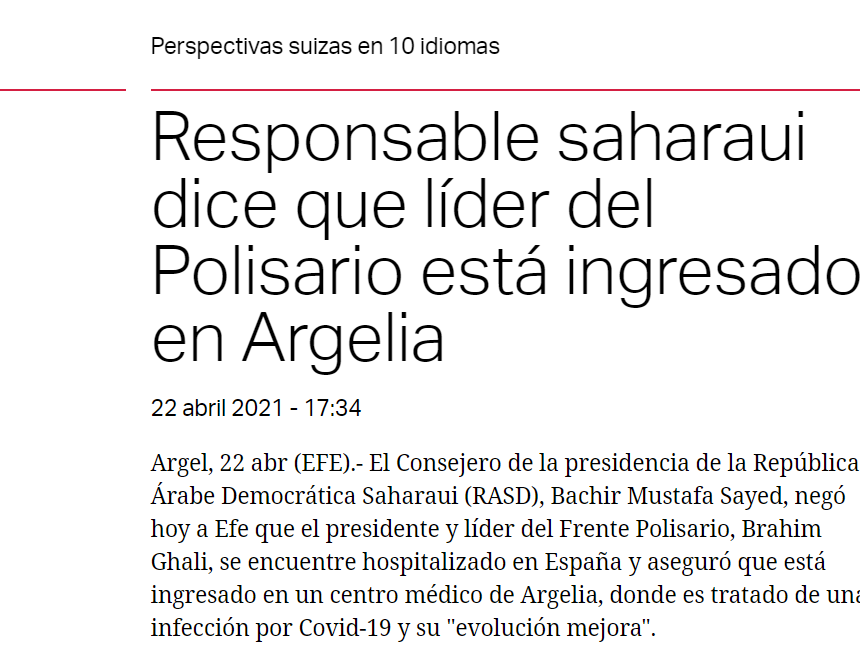 Responsable saharaui dice que líder del Polisario está ingresado en Argelia