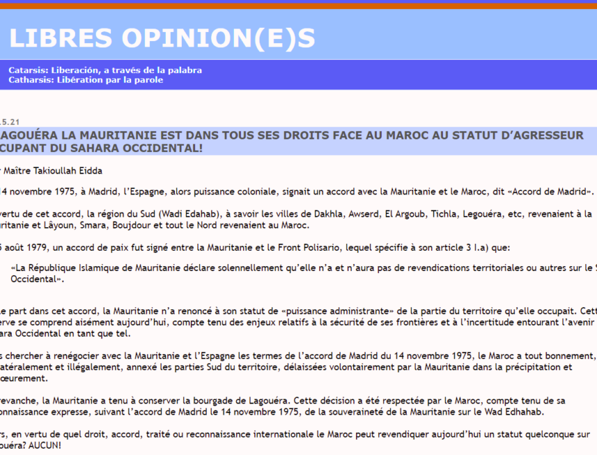 À LAGOUÉRA LA MAURITANIE EST DANS TOUS SES DROITS FACE AU MAROC AU STATUT D’AGRESSEUR OCCUPANT DU SAHARA OCCIDENTAL!