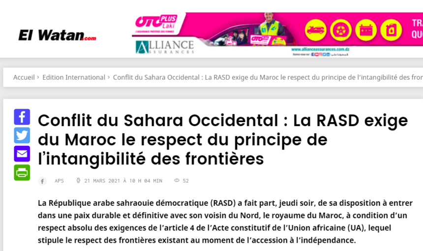 Conflit du Sahara Occidental : La RASD exige du Maroc le respect du principe de l’intangibilité des frontières – El Watan