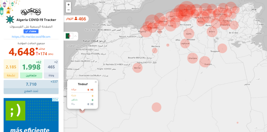 Tinduf sigue con 9 casos de Coronavirus | Ver mapa de datos de Covid-19 en Argelia