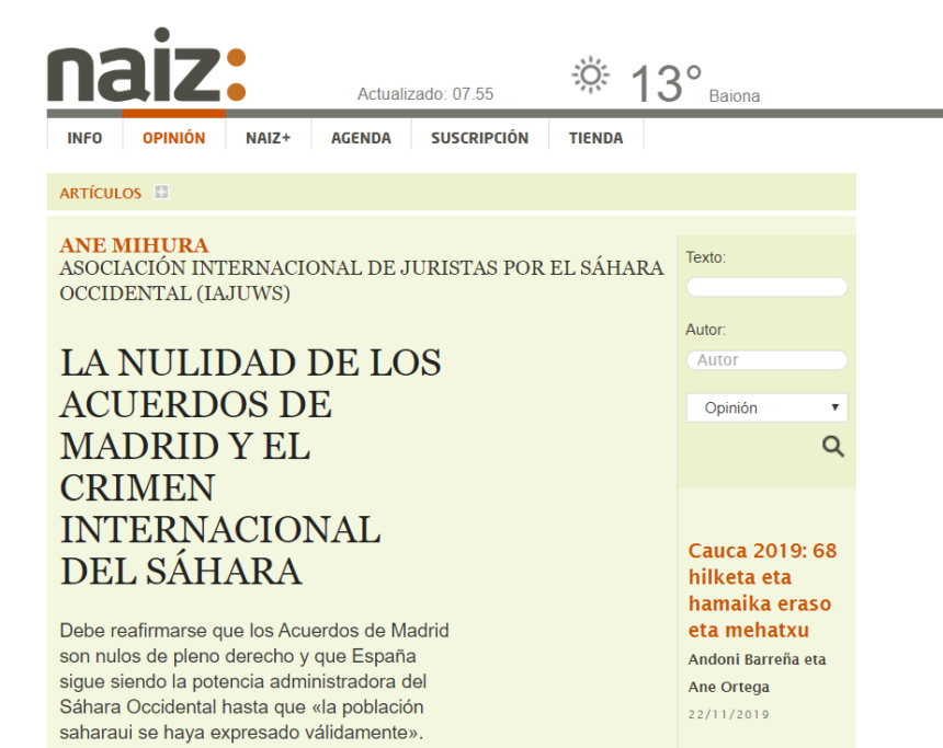 naiz: Iritzia | Opinión – La nulidad de los Acuerdos de Madrid y el crimen internacional del Sáhara- Ane Mihura