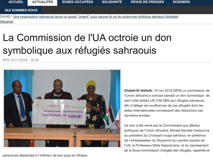 La Commission de l’UA octroie un don symbolique aux réfugiés sahraouis | Sahara Press Service