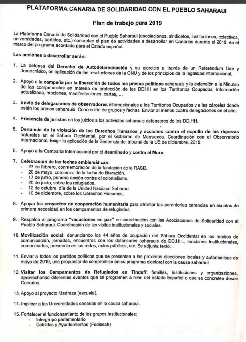 Plan de Trabajo para 2019 de la Plataforma Canaria de Solidaridad con el Pueblo Saharaui