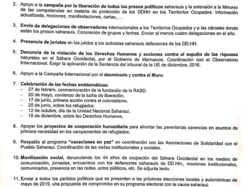Plan de Trabajo para 2019 de la Plataforma Canaria de Solidaridad con el Pueblo Saharaui