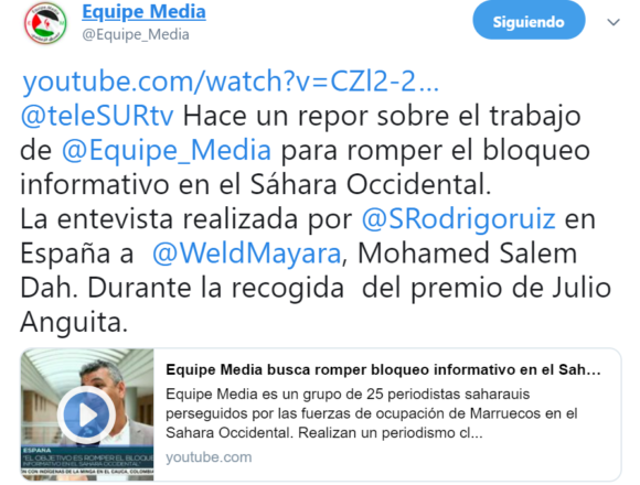 llllllllllllllllll ‘@teleSURtv Hace un repor sobre el trabajo de @Equipe_Media para romper el bloqueo informativo en el Sáhara Occidental