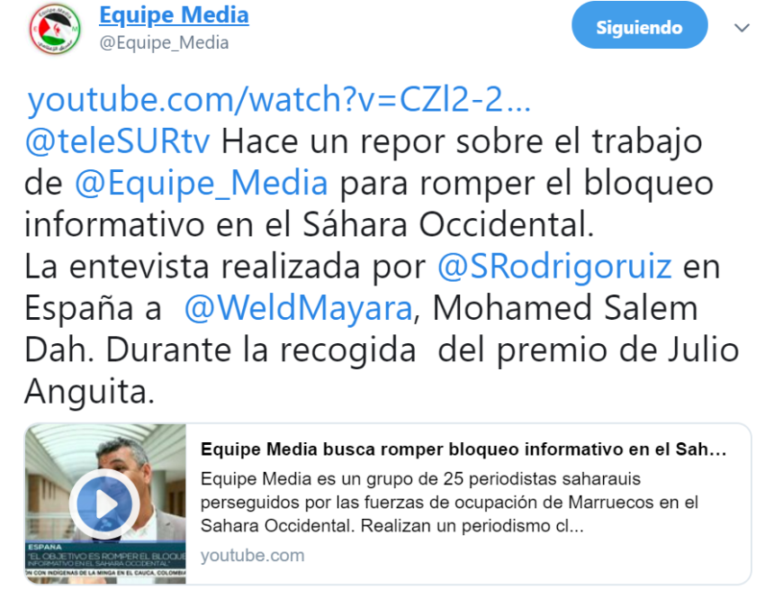 llllllllllllllllll ‘@teleSURtv Hace un repor sobre el trabajo de @Equipe_Media para romper el bloqueo informativo en el Sáhara Occidental