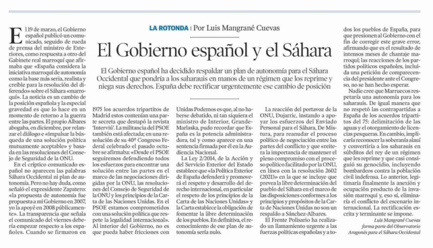 EL GOBIERNO ESPAÑOL Y EL SAHARA – Observatorio Aragones para el Sahara Occidental