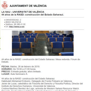 44 años de la RASD: construcción del Estado Saharaui. Mesa redonda. Fòrum de Debats. Martes, 26 de febrero