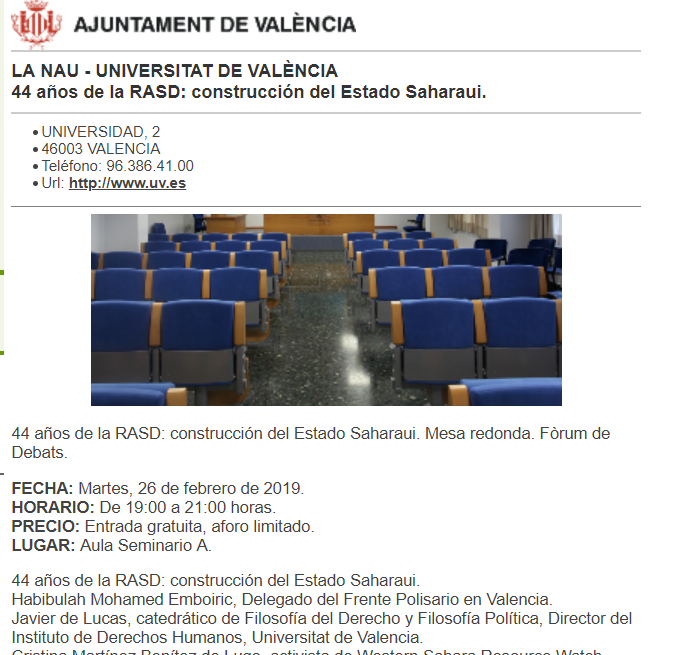 44 años de la RASD: construcción del Estado Saharaui. Mesa redonda. Fòrum de Debats. Martes, 26 de febrero