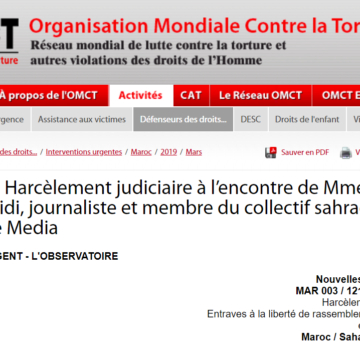 Maroc: Harcèlement judiciaire à l’encontre de Mme Nazha El Khalidi, journaliste et membre du collectif sahraoui Equipe Media / 21 mars 2019 / Interventions urgentes / Défenseurs des droits… / OMCT