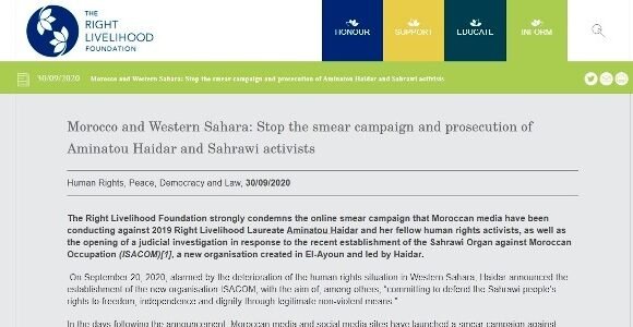 Right Livelihood Foundation: «Stop the smear campaign and prosecution of Aminatou Haidar and Sahrawi activists» | Sahara Press Service