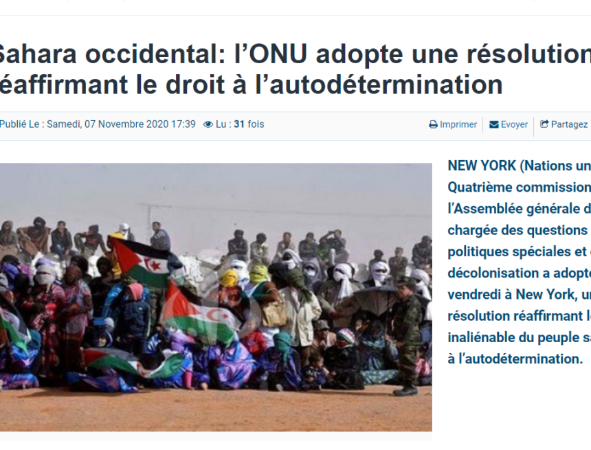 Sahara occidental: l’ONU adopte une résolution réaffirmant le droit à l’autodétermination