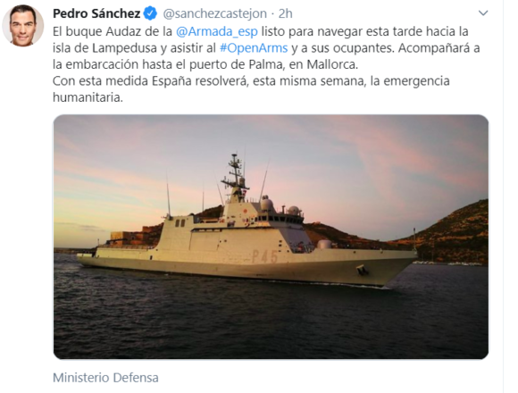 Pedro Sánchez: El buque Audaz de la @Armada_esp listo para navegar esta tarde hacia la isla de Lampedusa y asistir al #OpenArms y a sus ocupantes.