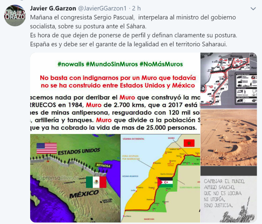 ‘@JavierGGarzon1: Mañana el congresista Sergio Pascual, interpelará al ministro del gobierno socialista, sobre su postura ante el Sáhara.