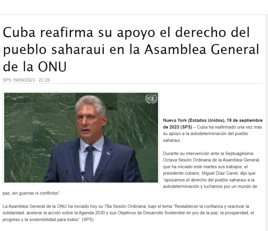 Cuba reafirma su apoyo el derecho del pueblo saharaui en la Asamblea General de la ONU | Sahara Press Service