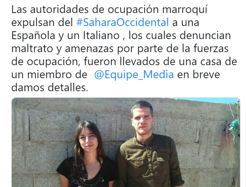 ‘@Equipe_Media﻿: Las autoridades de ocupación marroquí expulsan del #SaharaOccidental a una Española y un Italiano