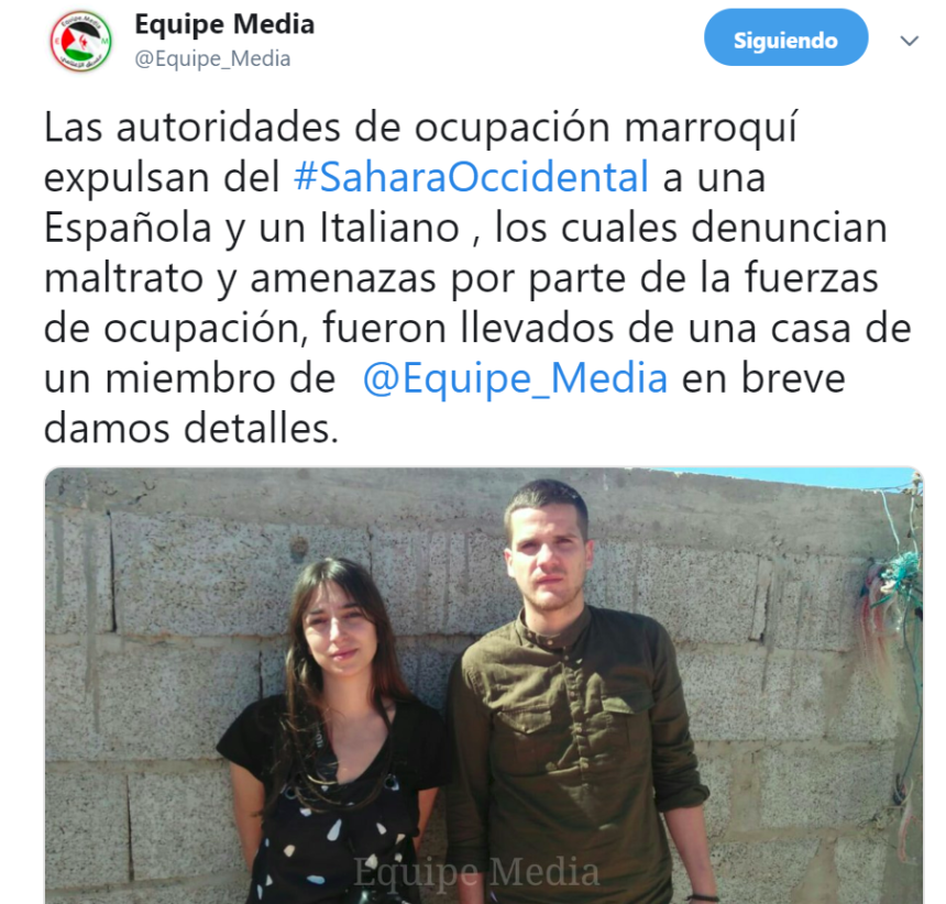 ‘@Equipe_Media﻿: Las autoridades de ocupación marroquí expulsan del #SaharaOccidental a una Española y un Italiano