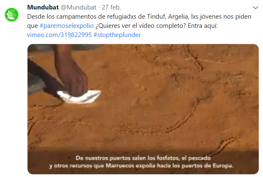 Mundubat  / Desde los campamentos de refugiadxs saharuis, lxs jóvenes nos piden que  #paremoselexpolio en el #SaharaOccidental #stoptheplunder ‏