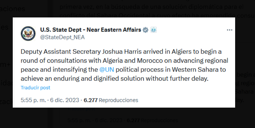 SAHARA OCCIDENTAL | Los EEUU se implican directamente en una ronda de consultas con Argelia y Marruecos para lograr una solución «sin más demora» al proceso de Naciones Unidas para el Sahara Occidental