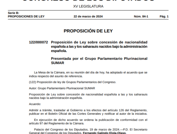 Se publica la Proposición de Ley de SUMAR sobre concesión de nacionalidad española a las y los saharauis nacidos bajo la administración española