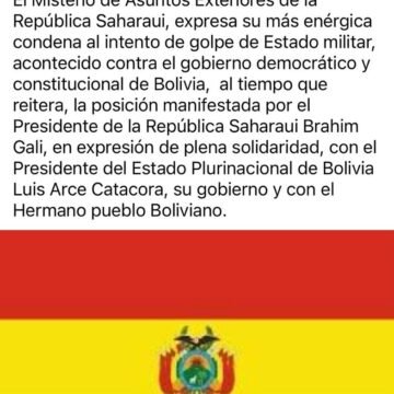 Rotunda condena al intento de golpe de Estado en Bolivia: La República Saharaui expresa plena solidaridad con el Presidente Luis Arce | ECSAHARAUI