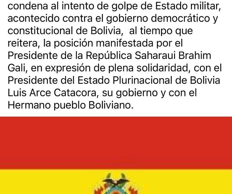 Rotunda condena al intento de golpe de Estado en Bolivia: La República Saharaui expresa plena solidaridad con el Presidente Luis Arce | ECSAHARAUI