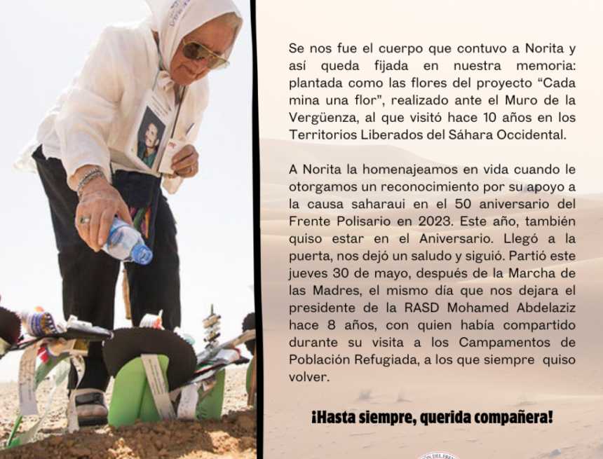 El Frente Polisario y el Gobierno de la RASD lamentan la partida de Nora Cortiñas | Voz del Sahara Occidental en Argentina