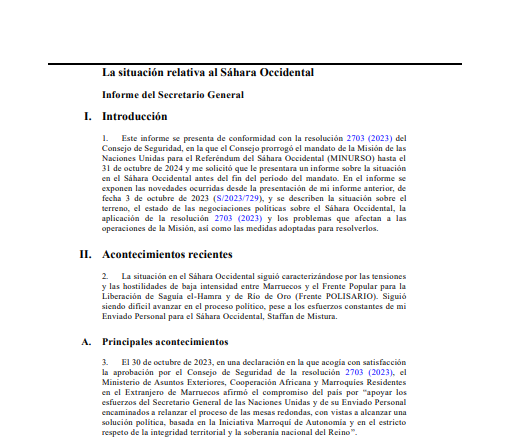 La situación relativa al Sáhara Occidental. Informe S/2024/707 del Secretario General – 1 de octubre de 2024